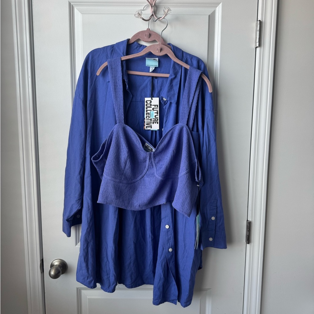 Future Collective oversized Blue Button-Up Shirt & matching Crop Top Set 3x NWT
